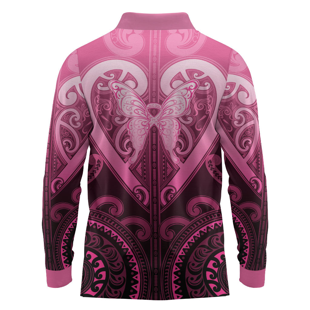 Aotearoa Breast Cancer Long Sleeve Polo Shirt Maori Tribal Pattern