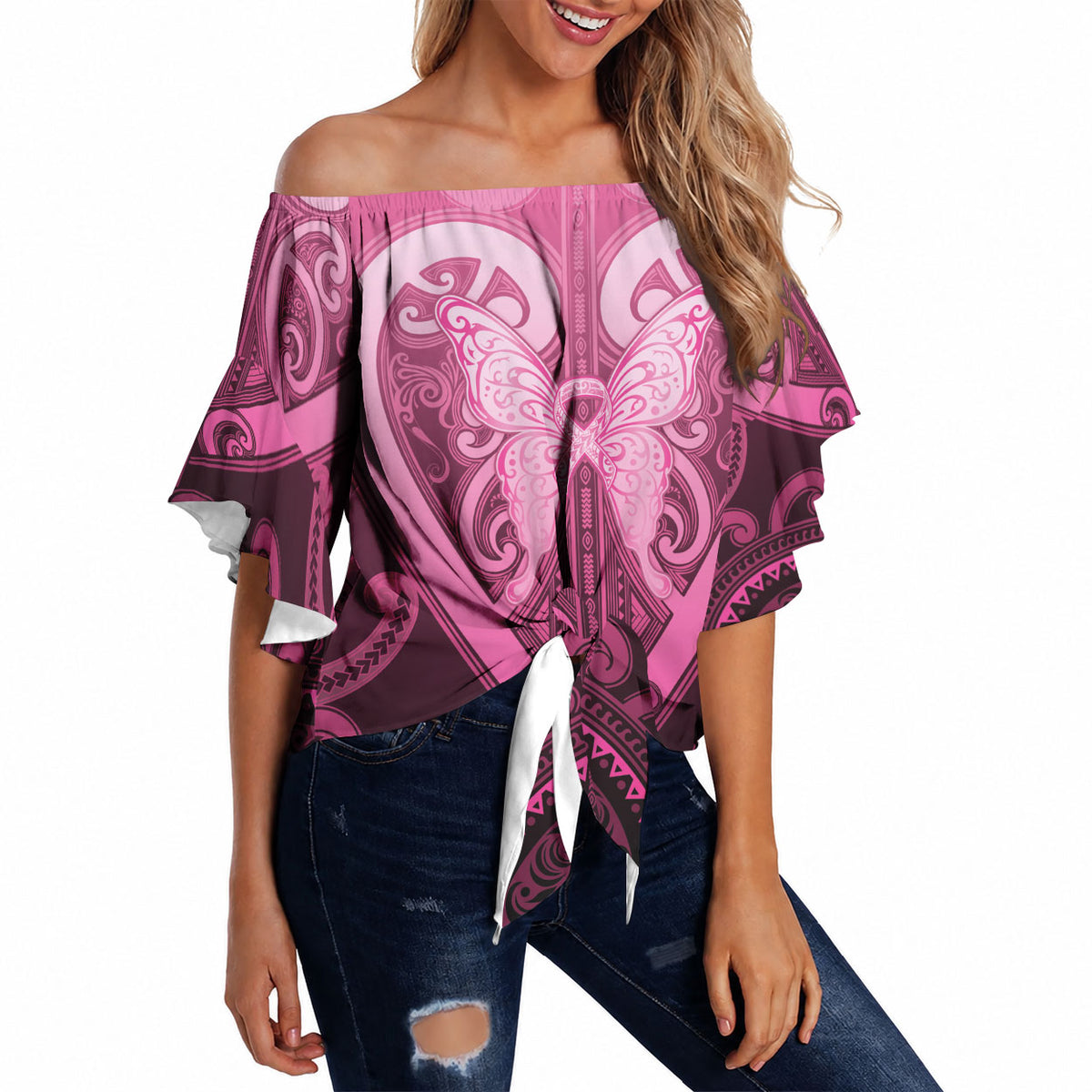 Aotearoa Breast Cancer Off Shoulder Wrap Waist Top Maori Tribal Pattern