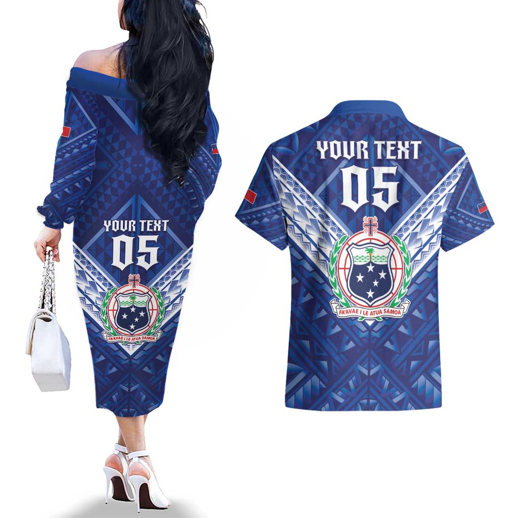 Toa Samoa Rugby Custom Couples Matching Off The Shoulder Long Sleeve Dress and Hawaiian Shirt Samoan Pride With Tribal Pattern - Polynesian Pride