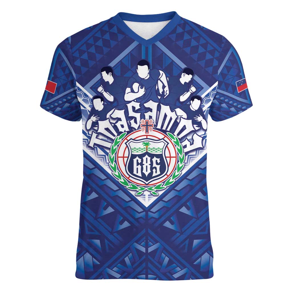 Toa Samoa Rugby Custom Women V-Neck T-Shirt Samoan Pride With Tribal Pattern - Polynesian Pride