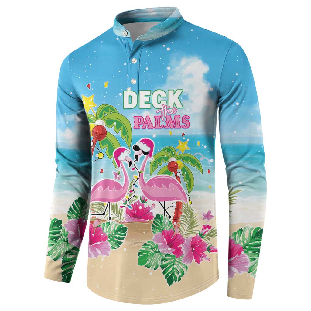 Hawaii Christmas Button Sweatshirt Deck The Palms Holiday Flamingos