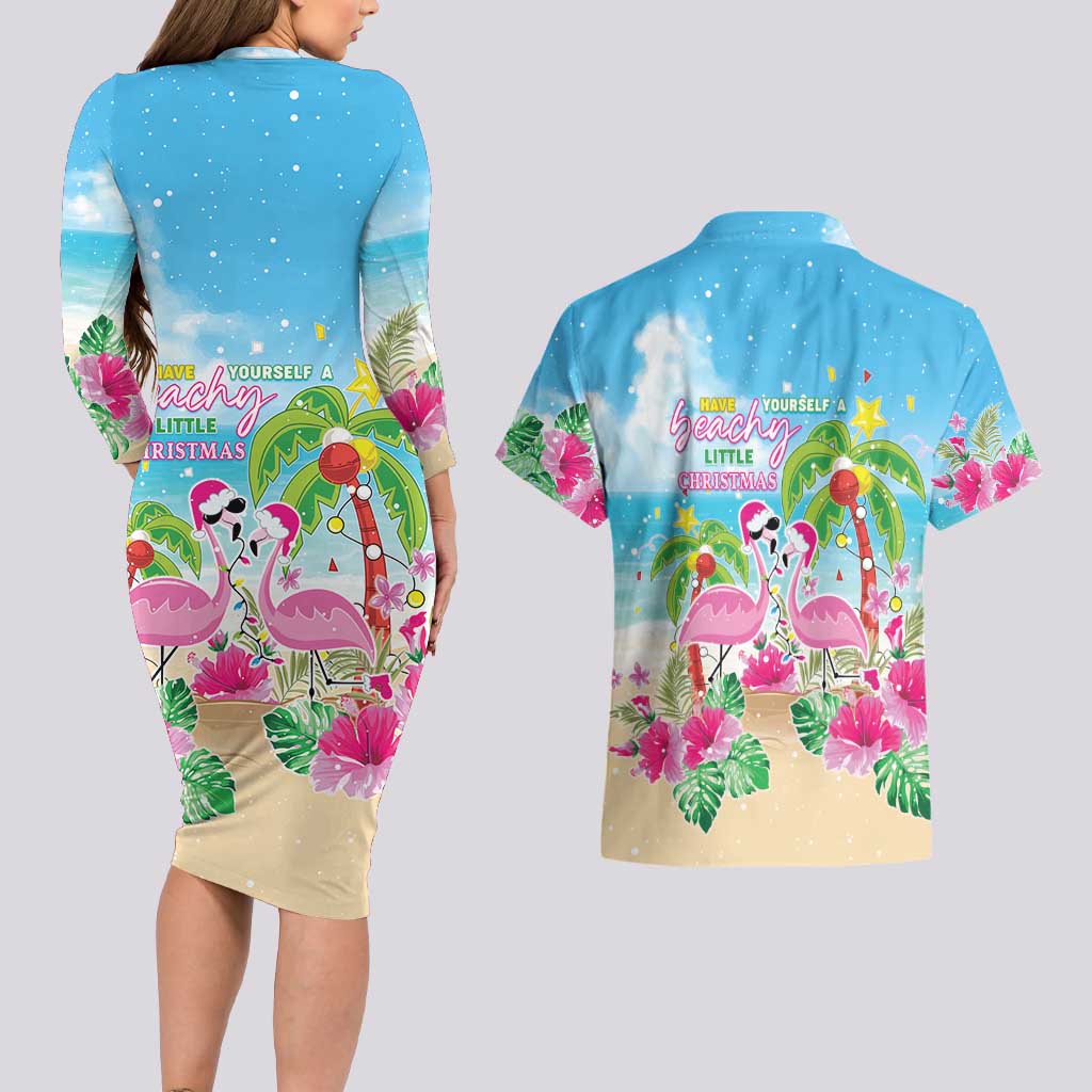 Hawaii Christmas Couples Matching Long Sleeve Bodycon Dress and Hawaiian Shirt Deck The Palms Holiday Flamingos