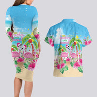 Hawaii Christmas Couples Matching Long Sleeve Bodycon Dress and Hawaiian Shirt Deck The Palms Holiday Flamingos