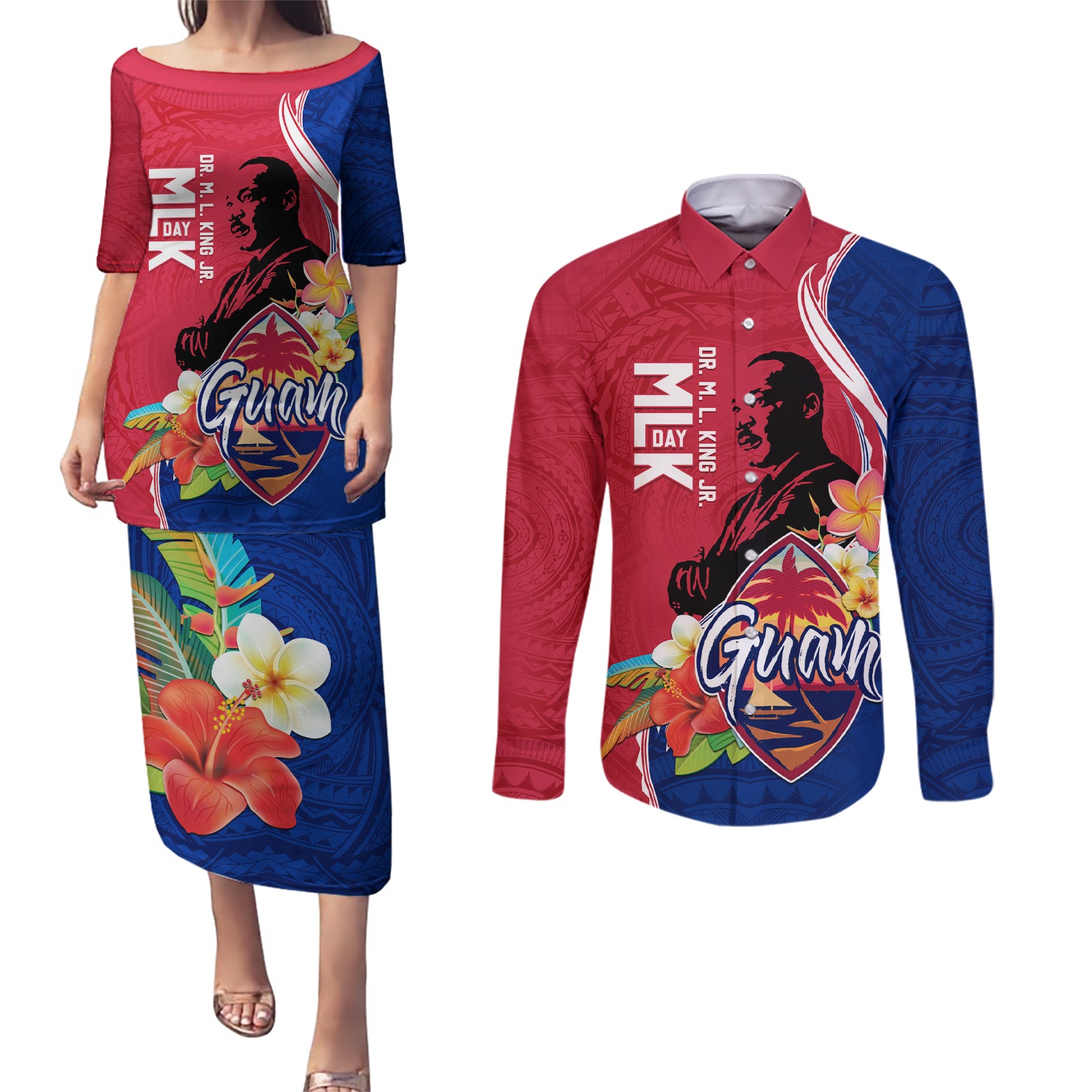 Guam Martin Luther King Jr Day Couples Matching Puletasi Dress and Long Sleeve Button Shirt LT05 Red - Polynesian Pride
