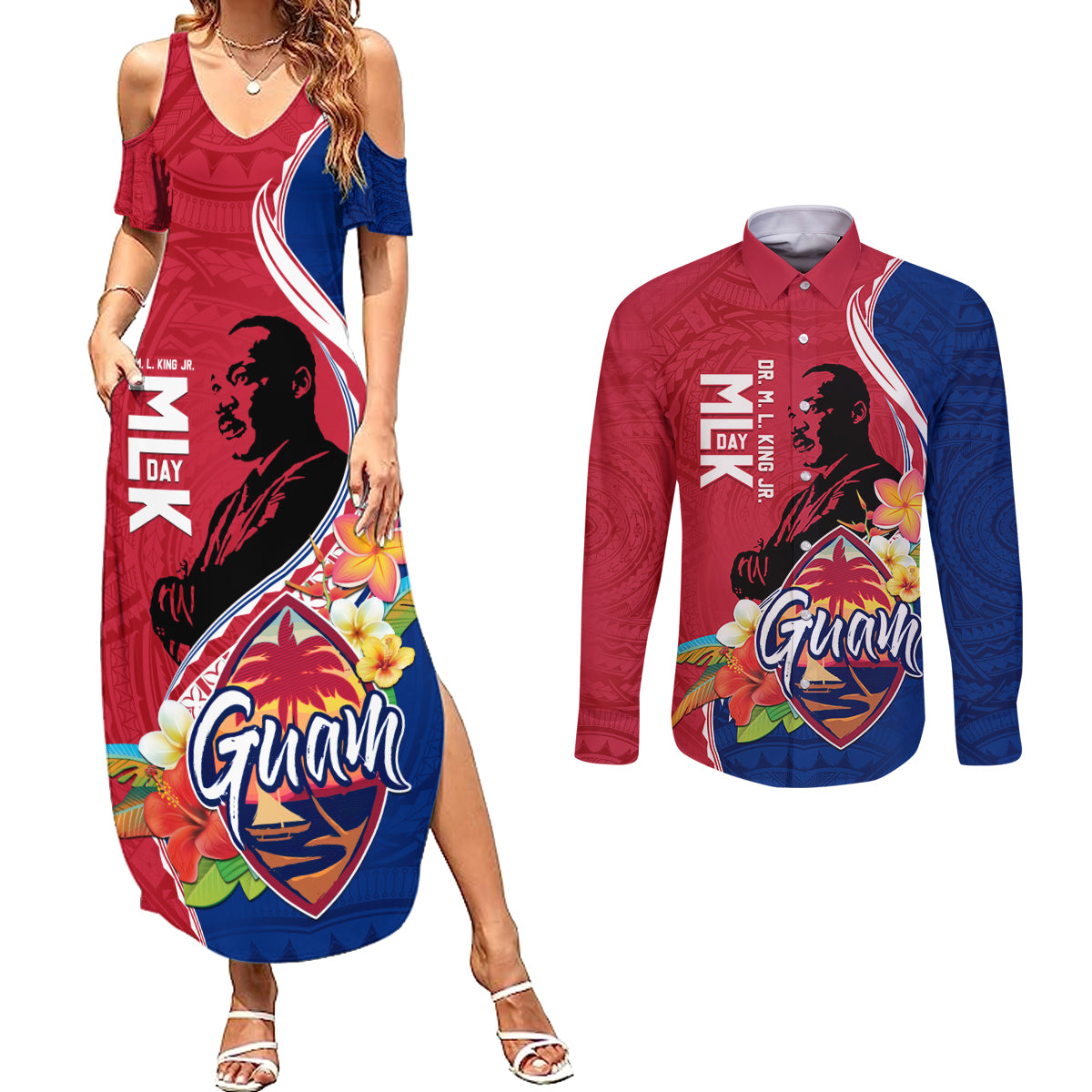 Guam Martin Luther King Jr Day Couples Matching Summer Maxi Dress and Long Sleeve Button Shirt LT05 Red - Polynesian Pride