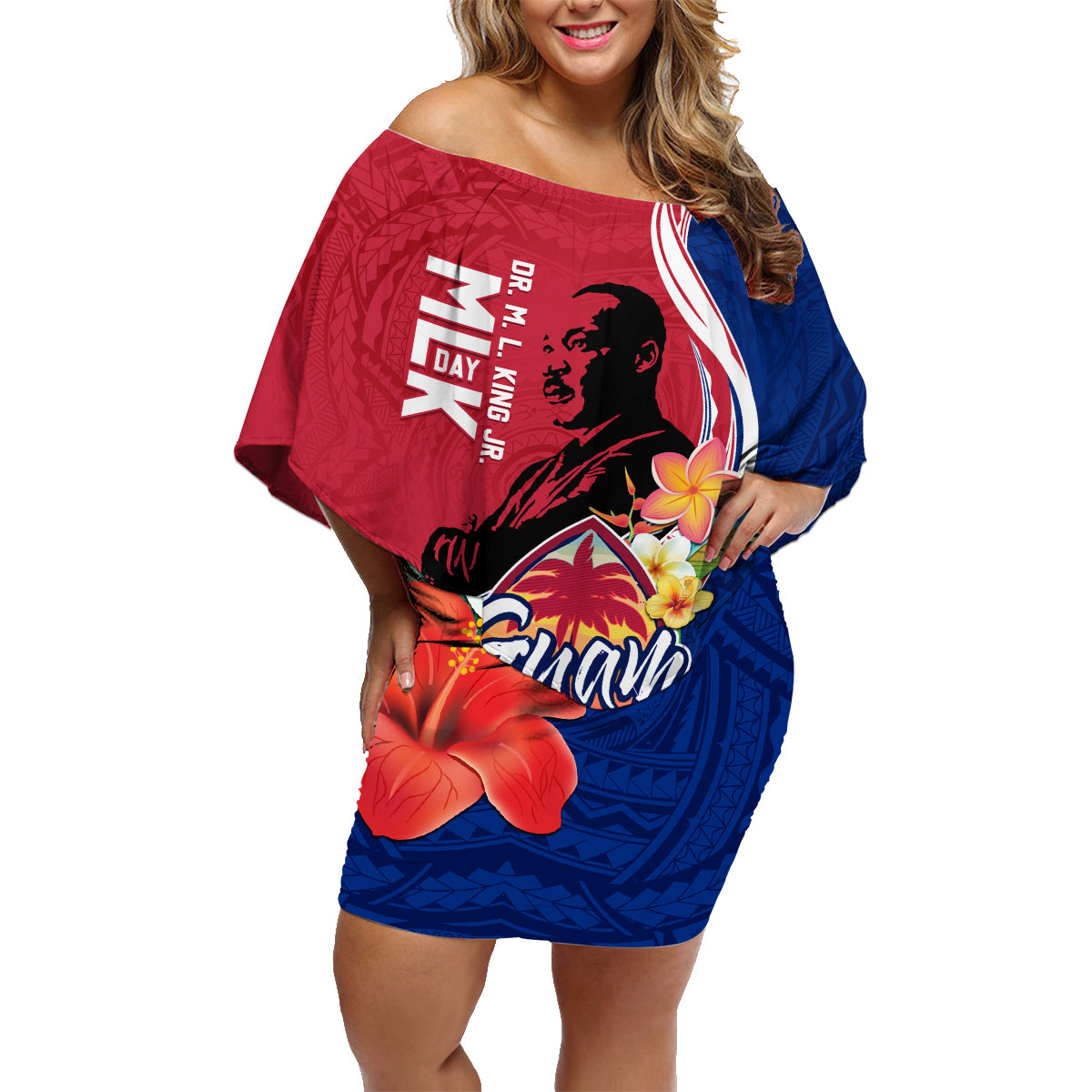 Guam Martin Luther King Jr Day Family Matching Off Shoulder Short Dress and Hawaiian Shirt LT05 Mom's Dress Red - Polynesian Pride