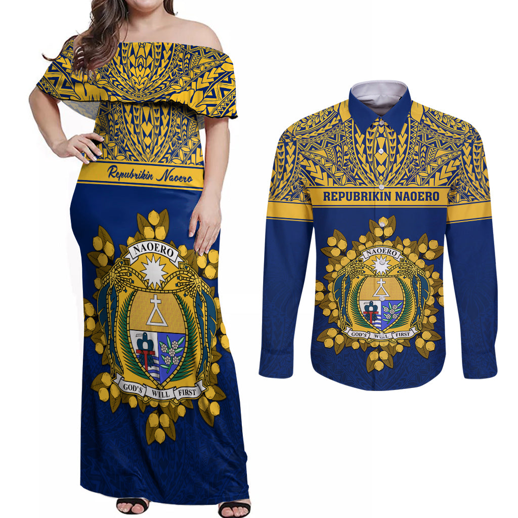 Personalised Repubrikin Naoero Independence Day Couples Matching Off Shoulder Maxi Dress and Long Sleeve Button Shirt Tamanu With Coat Of Arms LT05 Yellow - Polynesian Pride