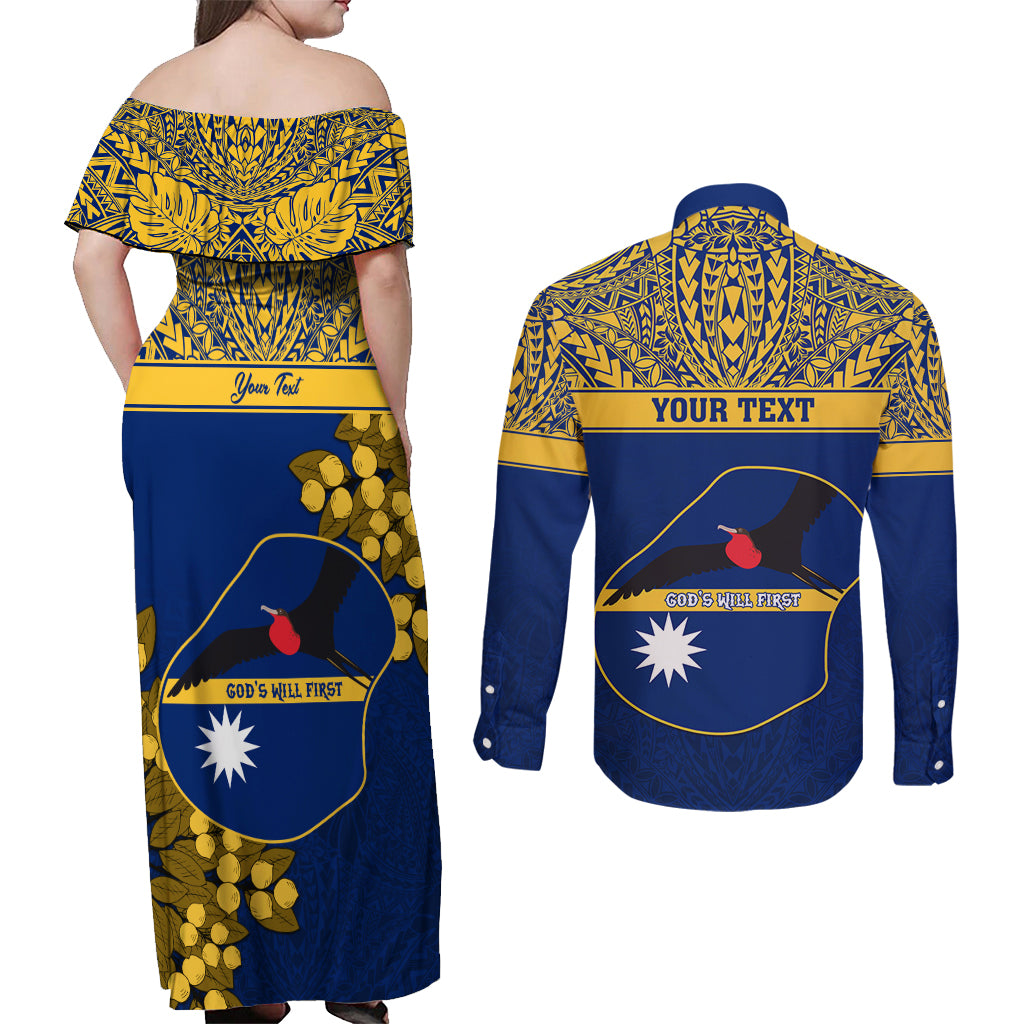 Personalised Repubrikin Naoero Independence Day Couples Matching Off Shoulder Maxi Dress and Long Sleeve Button Shirt Tamanu With Coat Of Arms LT05 - Polynesian Pride