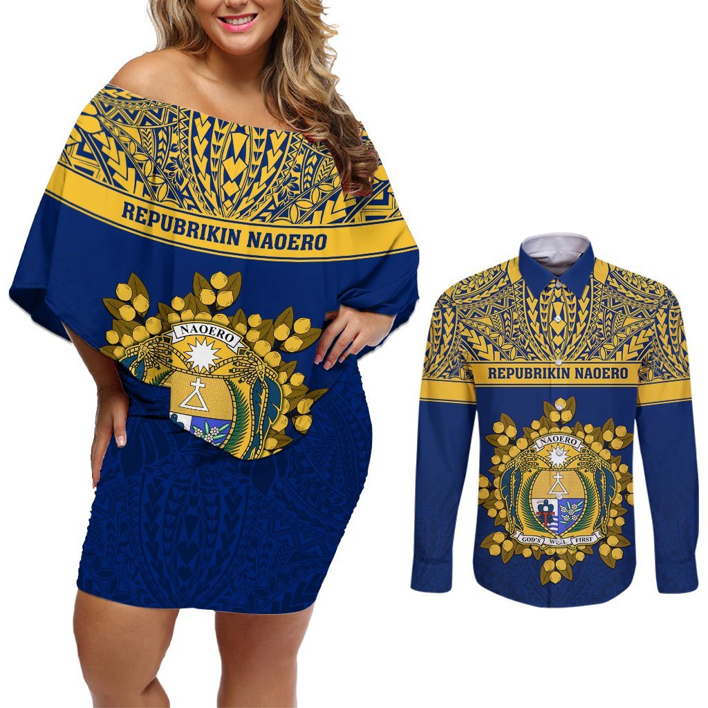 Personalised Repubrikin Naoero Independence Day Couples Matching Off Shoulder Short Dress and Long Sleeve Button Shirt Tamanu With Coat Of Arms LT05 Yellow - Polynesian Pride