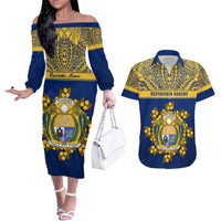 Personalised Repubrikin Naoero Independence Day Couples Matching Off The Shoulder Long Sleeve Dress and Hawaiian Shirt Tamanu With Coat Of Arms LT05 Yellow - Polynesian Pride