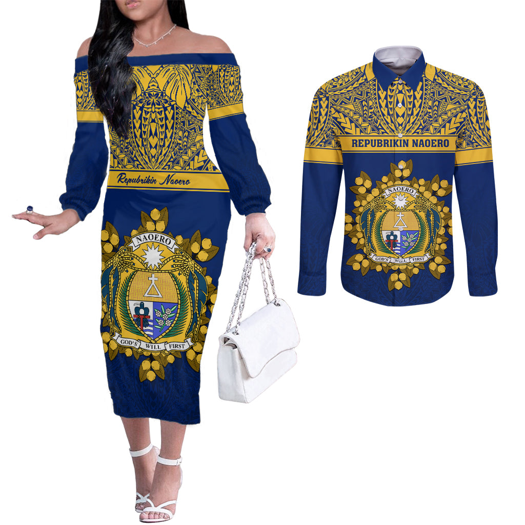 Personalised Repubrikin Naoero Independence Day Couples Matching Off The Shoulder Long Sleeve Dress and Long Sleeve Button Shirt Tamanu With Coat Of Arms LT05 Yellow - Polynesian Pride