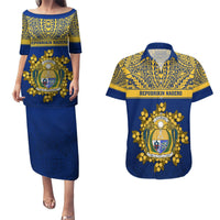 Personalised Repubrikin Naoero Independence Day Couples Matching Puletasi Dress and Hawaiian Shirt Tamanu With Coat Of Arms LT05 Yellow - Polynesian Pride