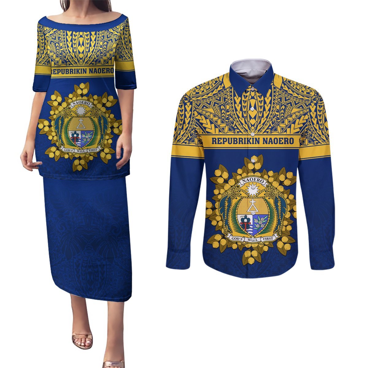 Personalised Repubrikin Naoero Independence Day Couples Matching Puletasi Dress and Long Sleeve Button Shirt Tamanu With Coat Of Arms LT05 Yellow - Polynesian Pride