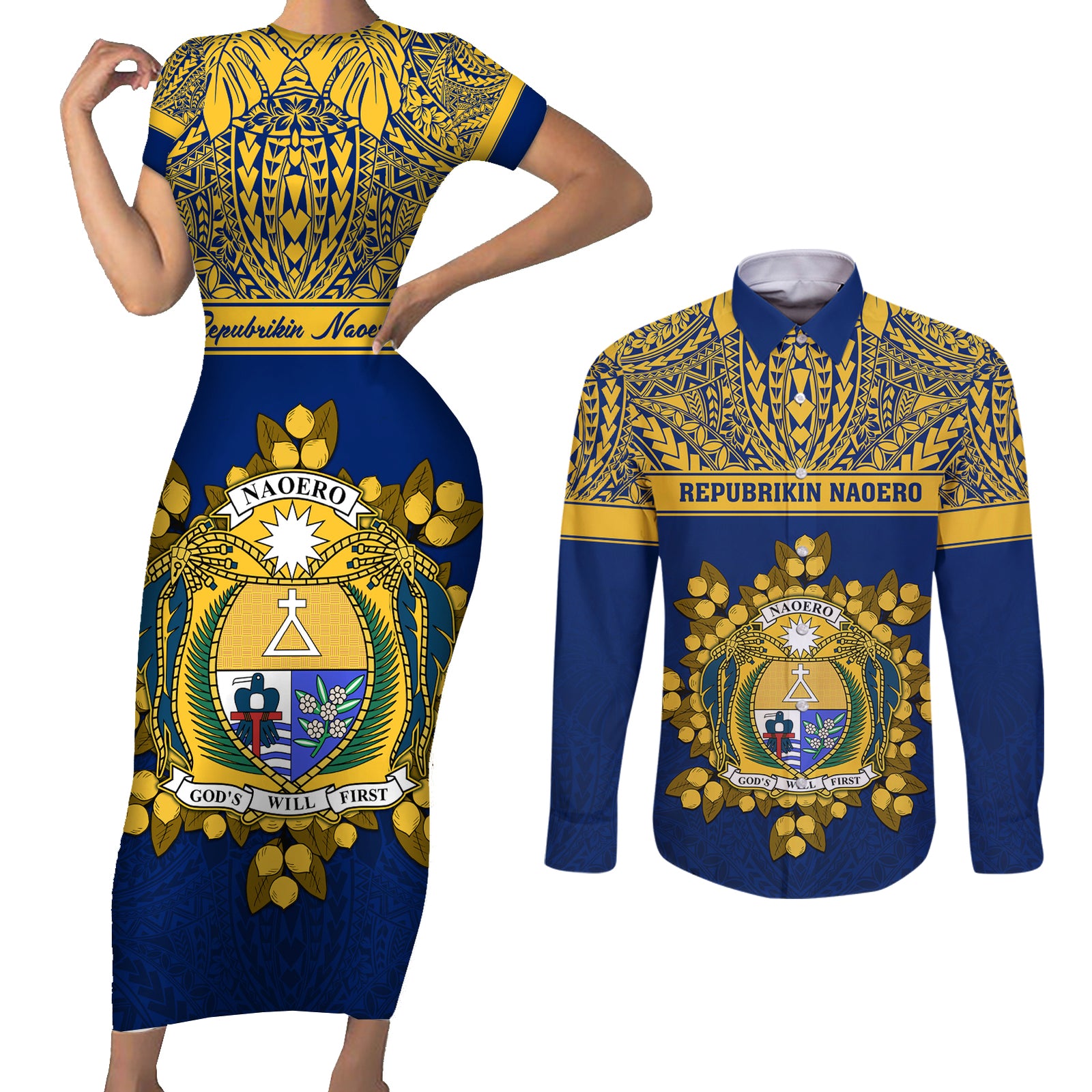 Personalised Repubrikin Naoero Independence Day Couples Matching Short Sleeve Bodycon Dress and Long Sleeve Button Shirt Tamanu With Coat Of Arms LT05 Yellow - Polynesian Pride