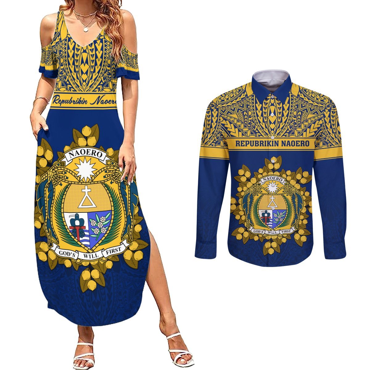 Personalised Repubrikin Naoero Independence Day Couples Matching Summer Maxi Dress and Long Sleeve Button Shirt Tamanu With Coat Of Arms LT05 Yellow - Polynesian Pride