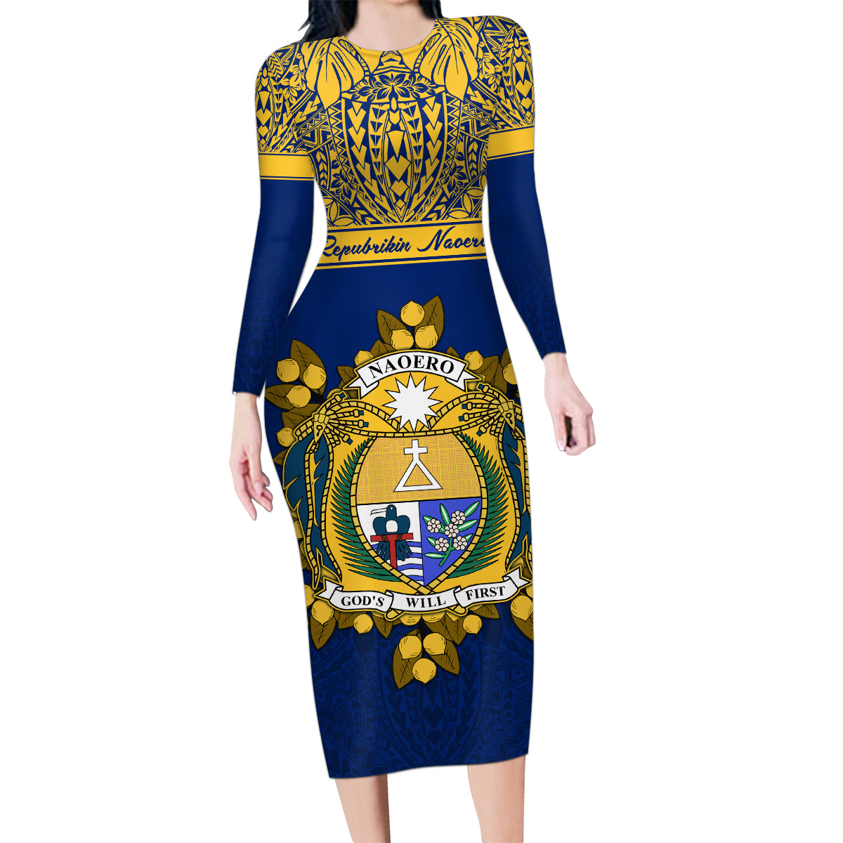Personalised Repubrikin Naoero Independence Day Family Matching Long Sleeve Bodycon Dress and Hawaiian Shirt Tamanu With Coat Of Arms LT05 Mom's Dress Yellow - Polynesian Pride