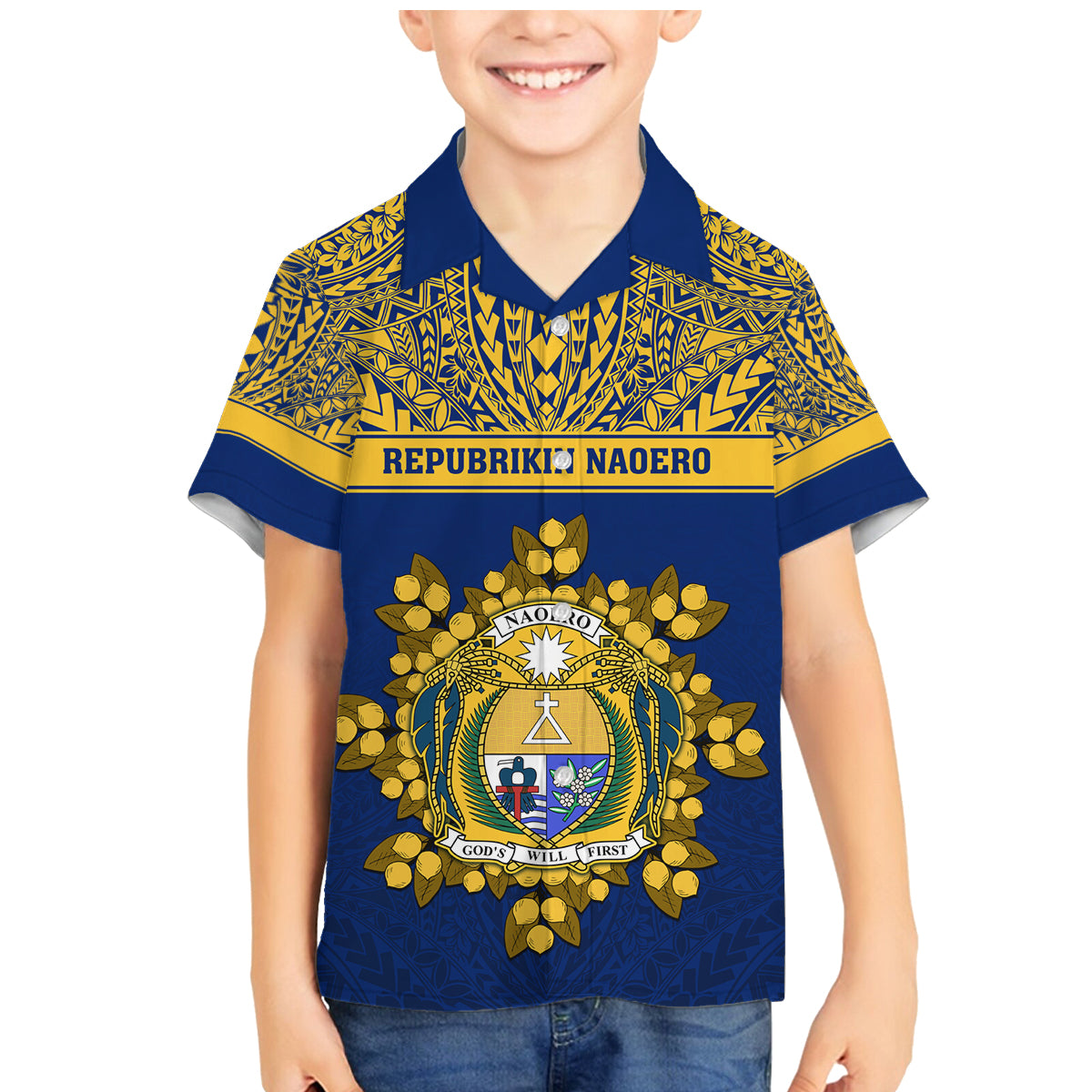 Personalised Repubrikin Naoero Independence Day Family Matching Mermaid Dress and Hawaiian Shirt Tamanu With Coat Of Arms LT05 Son's Shirt Yellow - Polynesian Pride