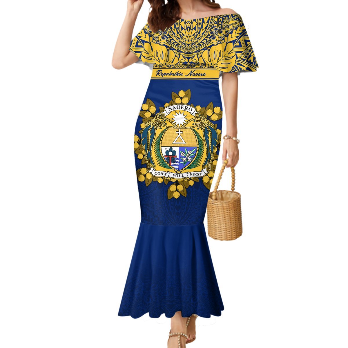 Personalised Repubrikin Naoero Independence Day Mermaid Dress Tamanu With Coat Of Arms LT05 Women Yellow - Polynesian Pride