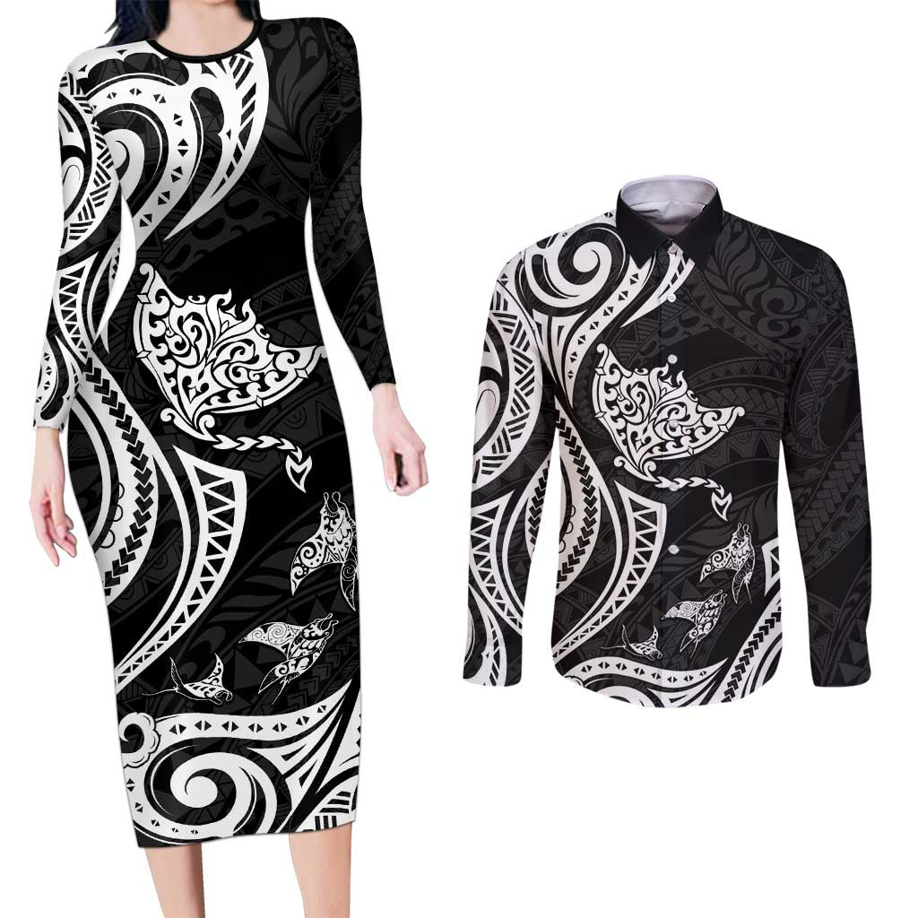 Hawaii Manta Ray Couples Matching Long Sleeve Bodycon Dress and Long Sleeve Button Shirt Polynesian Art Tattoo LT05 Black - Polynesian Pride