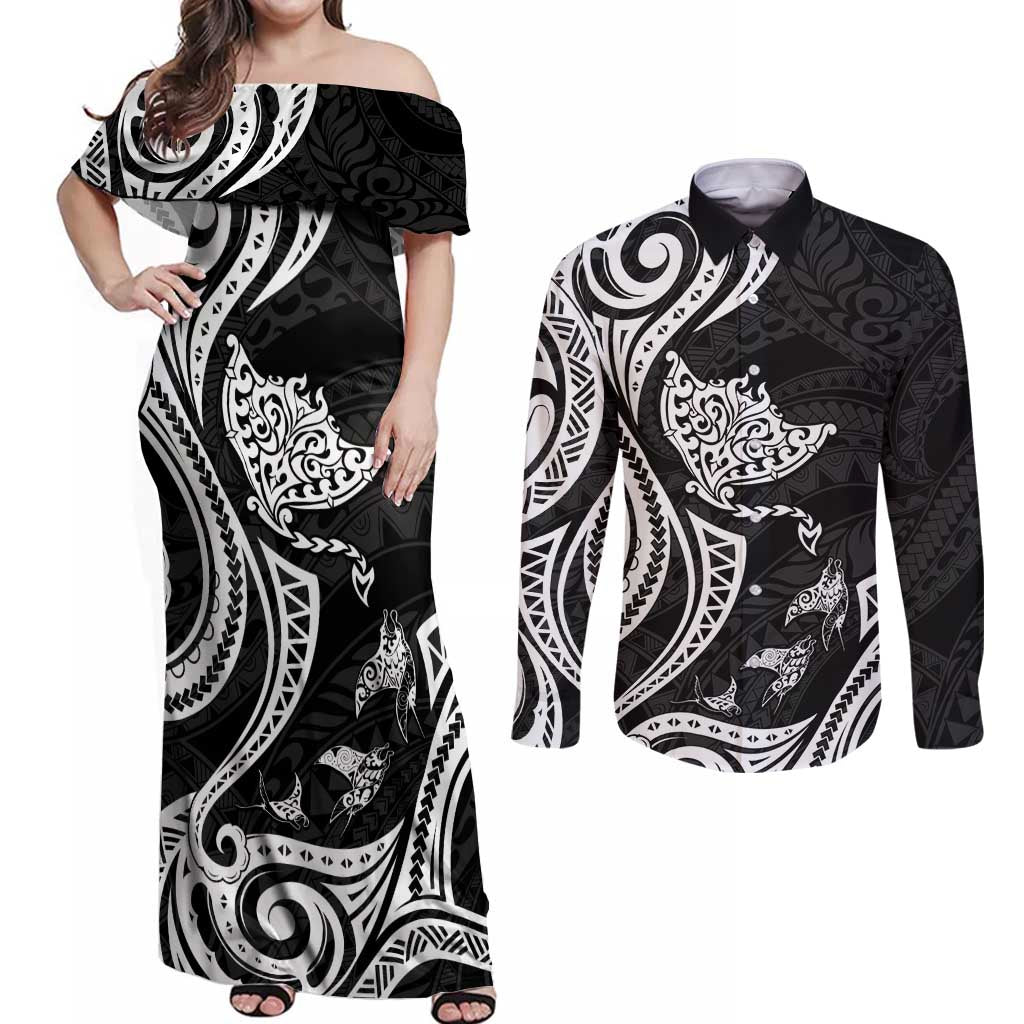 Hawaii Manta Ray Couples Matching Off Shoulder Maxi Dress and Long Sleeve Button Shirt Polynesian Art Tattoo LT05 Black - Polynesian Pride