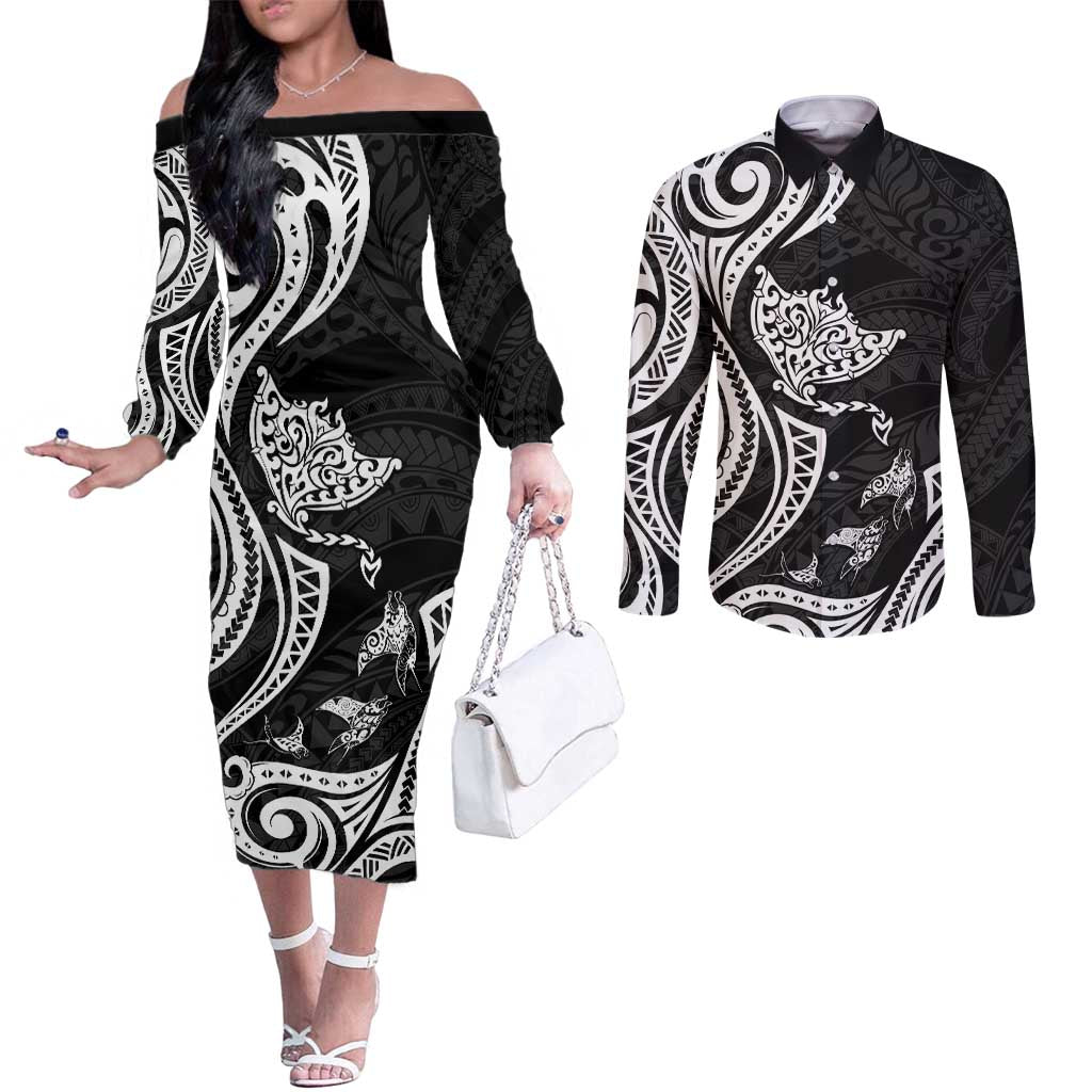 Hawaii Manta Ray Couples Matching Off The Shoulder Long Sleeve Dress and Long Sleeve Button Shirt Polynesian Art Tattoo LT05 Black - Polynesian Pride
