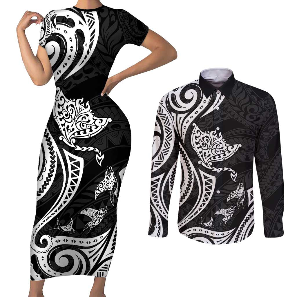 Hawaii Manta Ray Couples Matching Short Sleeve Bodycon Dress and Long Sleeve Button Shirt Polynesian Art Tattoo LT05 Black - Polynesian Pride