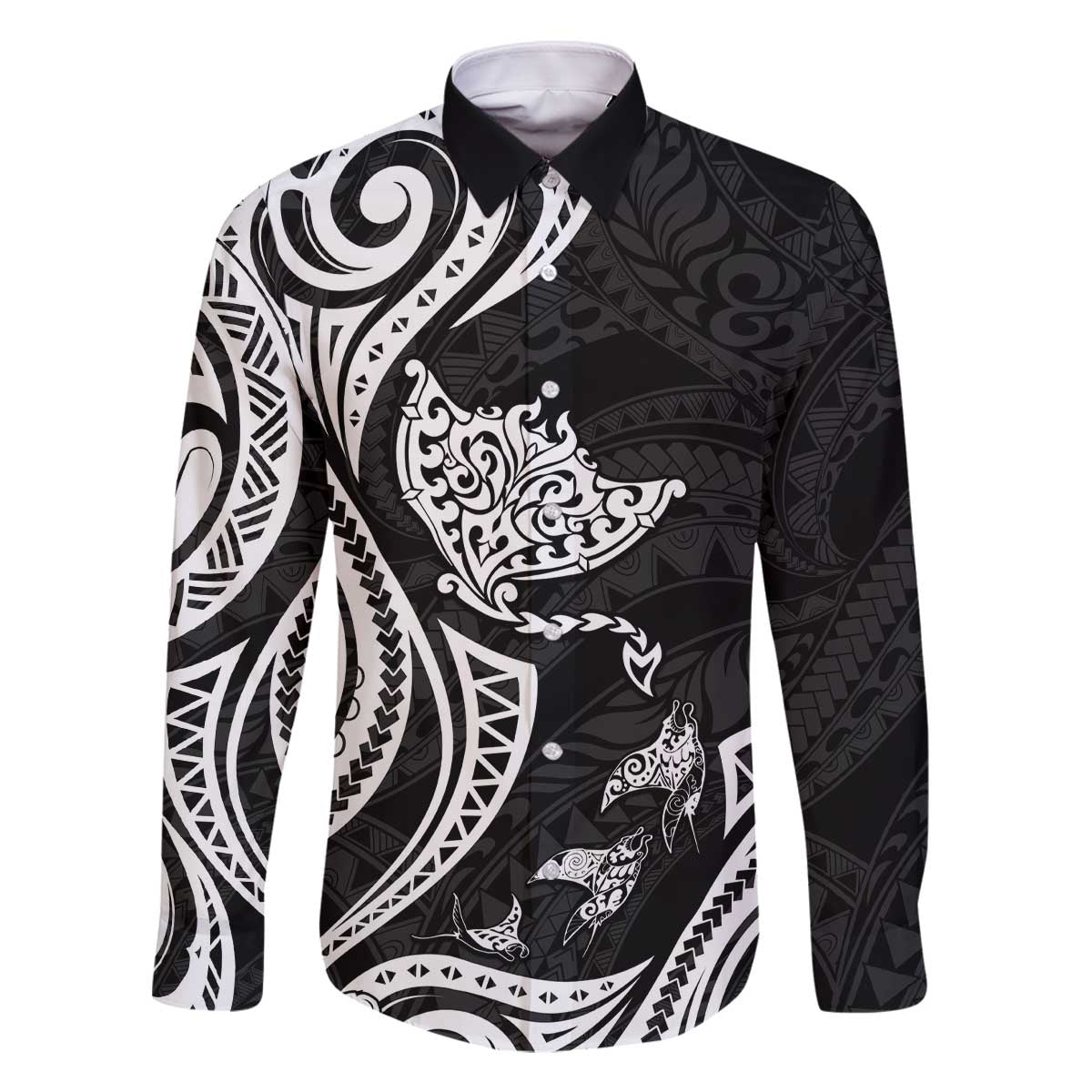 Hawaii Manta Ray Family Matching Off The Shoulder Long Sleeve Dress and Hawaiian Shirt Polynesian Art Tattoo