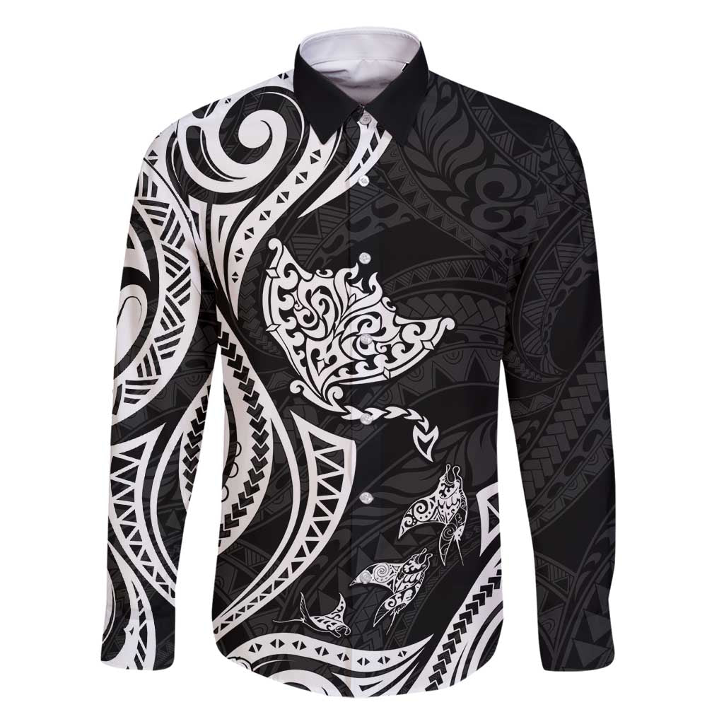 Hawaii Manta Ray Family Matching Off Shoulder Short Dress and Hawaiian Shirt Polynesian Art Tattoo LT05 Dad's Shirt - Long Sleeve Black - Polynesian Pride