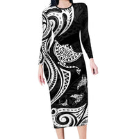 Hawaii Manta Ray Long Sleeve Bodycon Dress Polynesian Art Tattoo LT05 Long Dress Black - Polynesian Pride
