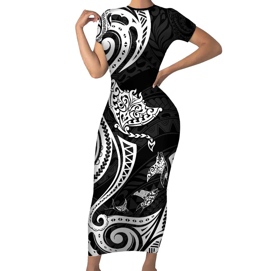 Hawaii Manta Ray Short Sleeve Bodycon Dress Polynesian Art Tattoo LT05 Long Dress Black - Polynesian Pride