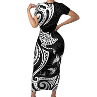 Hawaii Manta Ray Short Sleeve Bodycon Dress Polynesian Art Tattoo LT05 Long Dress Black - Polynesian Pride