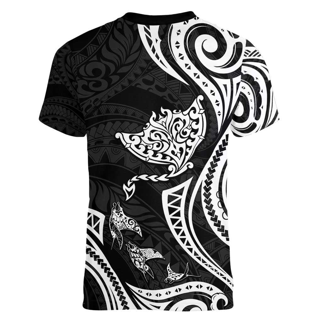 Hawaii Manta Ray Women V-Neck T-Shirt Polynesian Art Tattoo