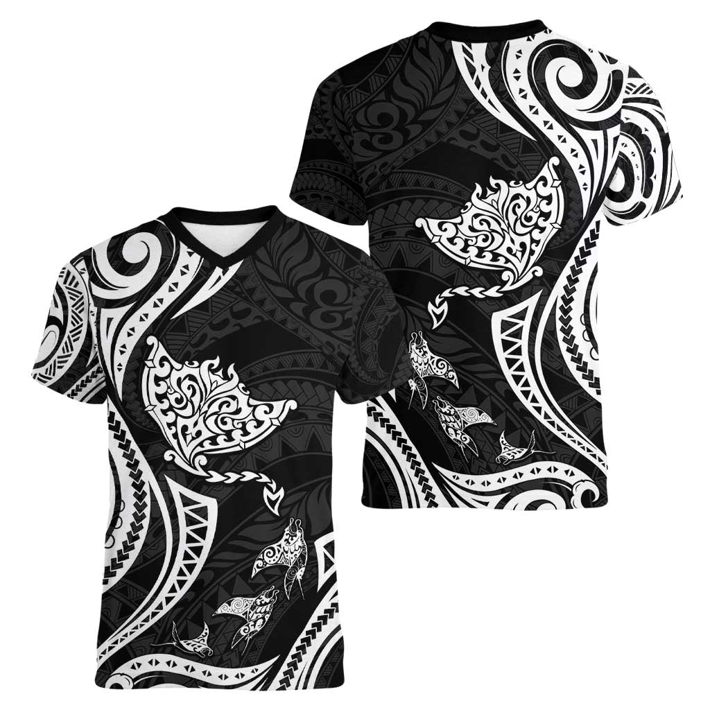 Hawaii Manta Ray Women V-Neck T-Shirt Polynesian Art Tattoo