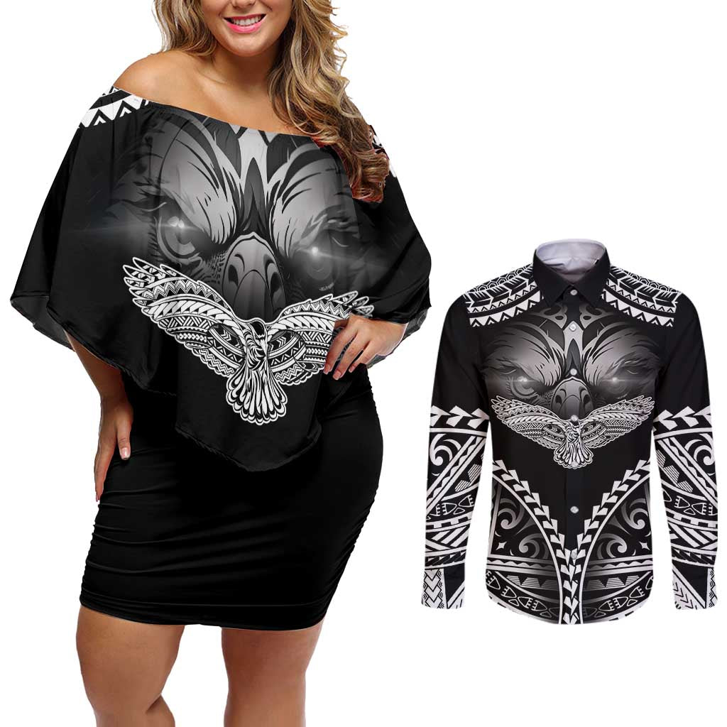 Hawaiian Hawk Couples Matching Off Shoulder Short Dress and Long Sleeve Button Shirt Polynesian Pattern Style LT05 Black - Polynesian Pride