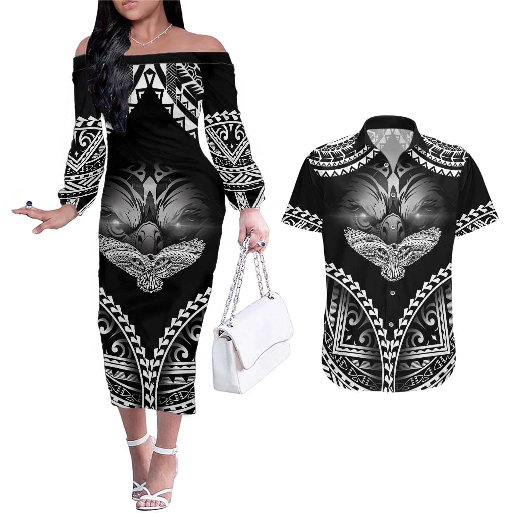 Hawaiian Hawk Couples Matching Off The Shoulder Long Sleeve Dress and Hawaiian Shirt Polynesian Pattern Style LT05 Black - Polynesian Pride