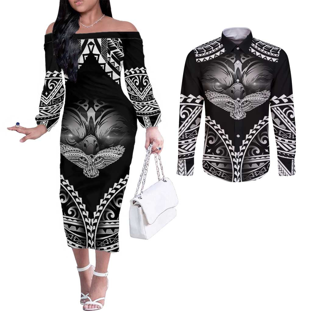 Hawaiian Hawk Couples Matching Off The Shoulder Long Sleeve Dress and Long Sleeve Button Shirt Polynesian Pattern Style LT05 Black - Polynesian Pride