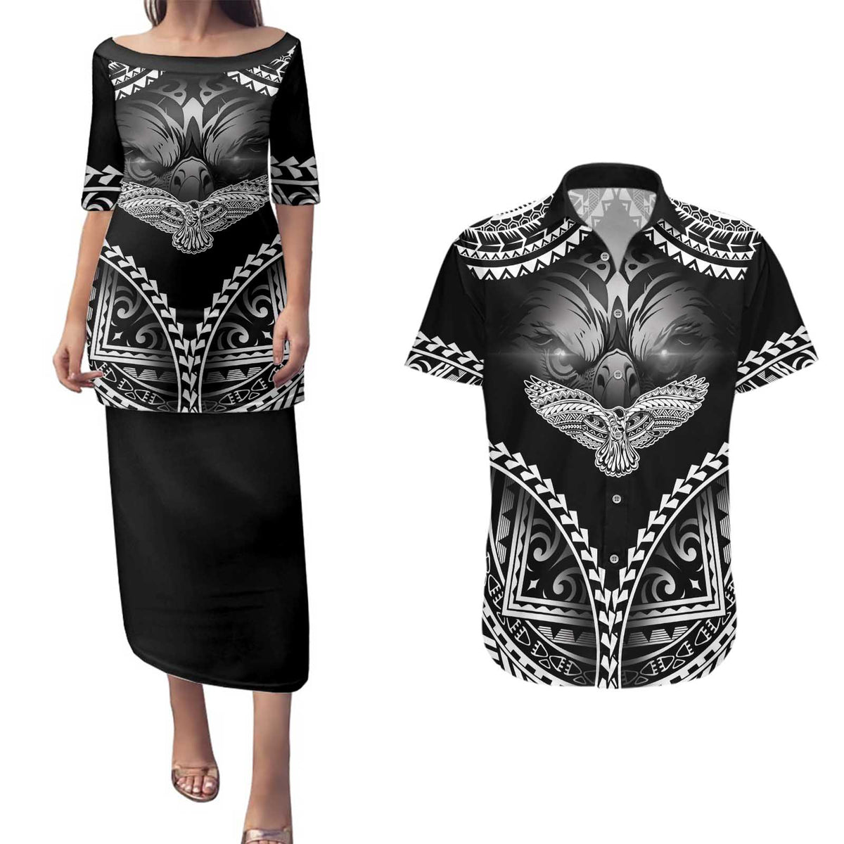 Hawaiian Hawk Couples Matching Puletasi and Hawaiian Shirt Polynesian Pattern Style