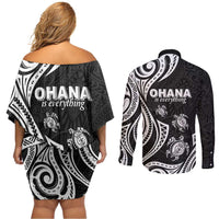 Hawaii Ohana Means Family Couples Matching Off Shoulder Short Dress and Long Sleeve Button Shirt Sea Turtle Polynesian Style
