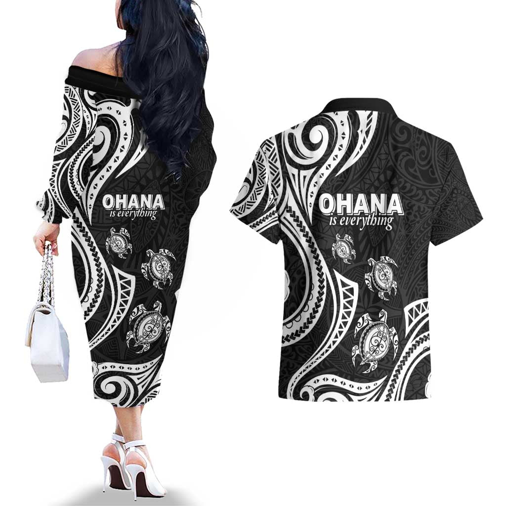 Hawaii Ohana Means Family Couples Matching Off The Shoulder Long Sleeve Dress and Hawaiian Shirt Sea Turtle Polynesian Style