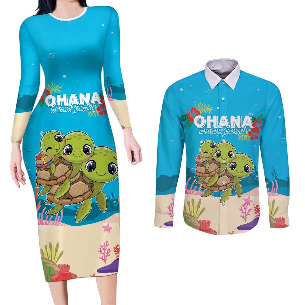 Ohana Hawaii Couples Matching Long Sleeve Bodycon Dress and Long Sleeve Button Shirt Kawaii Family Turtle LT05 Blue - Polynesian Pride