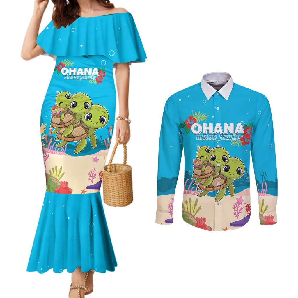 Ohana Hawaii Couples Matching Mermaid Dress and Long Sleeve Button Shirt Kawaii Family Turtle LT05 Blue - Polynesian Pride