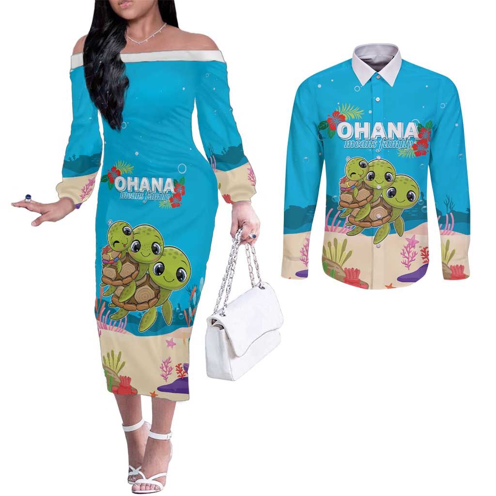 Ohana Hawaii Couples Matching Off The Shoulder Long Sleeve Dress and Long Sleeve Button Shirt Kawaii Family Turtle LT05 Blue - Polynesian Pride