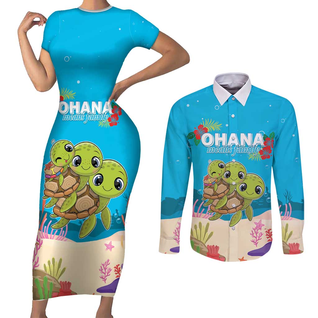 Ohana Hawaii Couples Matching Short Sleeve Bodycon Dress and Long Sleeve Button Shirt Kawaii Family Turtle LT05 Blue - Polynesian Pride
