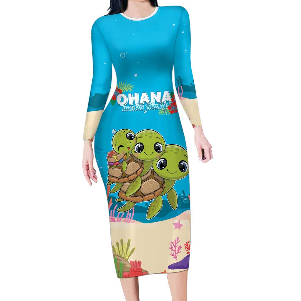 Ohana Hawaii Long Sleeve Bodycon Dress Kawaii Family Turtle LT05 Long Dress Blue - Polynesian Pride