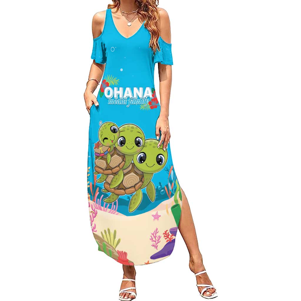 Ohana Hawaii Summer Maxi Dress Kawaii Family Turtle LT05 Women Blue - Polynesian Pride