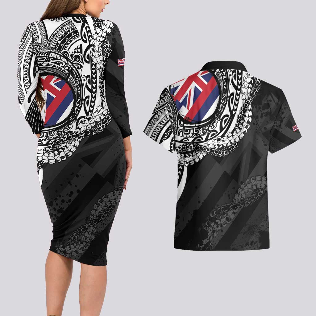 Hawaii King Flag Couples Matching Long Sleeve Bodycon Dress and Hawaiian Shirt Hawaiian Maile Lei - Polynesian Pride