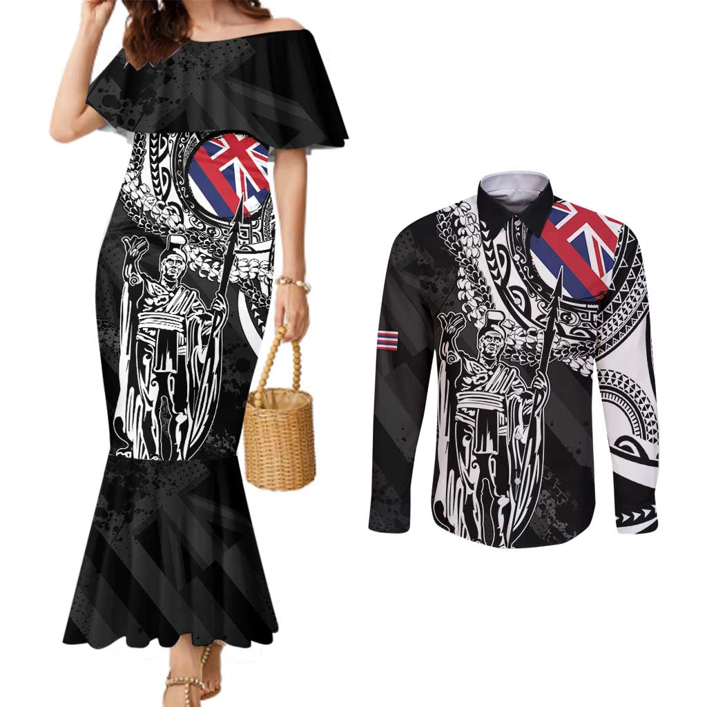 Hawaii King Flag Couples Matching Mermaid Dress and Long Sleeve Button Shirt Hawaiian Maile Lei - Polynesian Pride