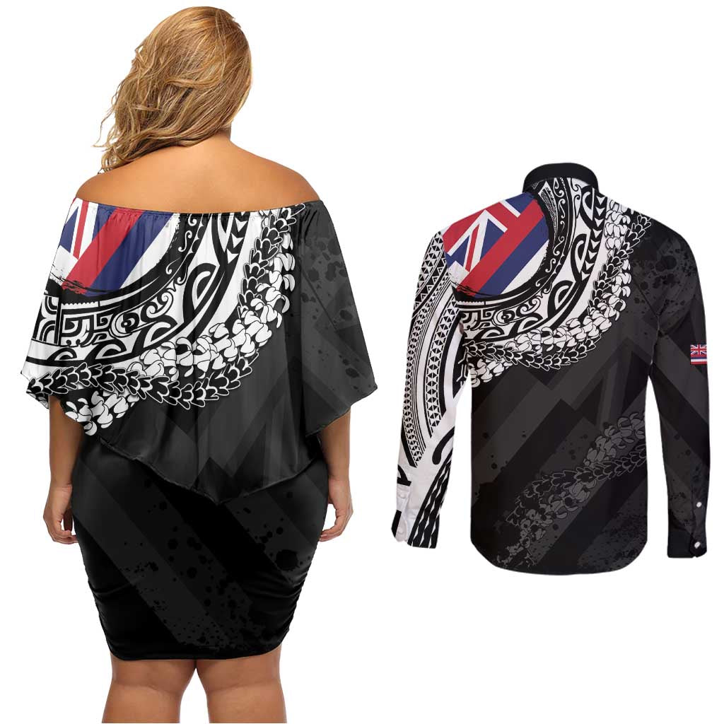 Hawaii King Flag Couples Matching Off Shoulder Short Dress and Long Sleeve Button Shirt Hawaiian Maile Lei - Polynesian Pride