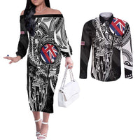 Hawaii King Flag Couples Matching Off The Shoulder Long Sleeve Dress and Long Sleeve Button Shirt Hawaiian Maile Lei - Polynesian Pride