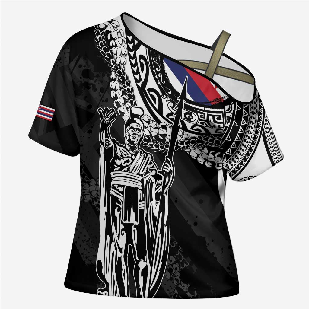 Hawaii King Flag Cross Shoulder Shirt Hawaiian Maile Lei - Polynesian Pride